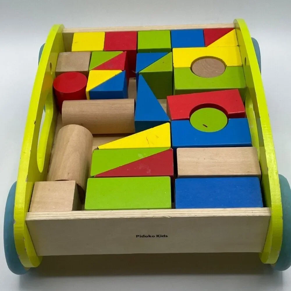 Wooden Block and Roll Cart 30 Blocks Pidoko Kids
